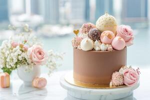 Elegant wedding cake adorned with decorative flowers and sweets, beautifully displayed against a stunning city skyline backdrop during a joyful celebration photo