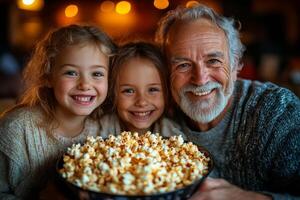 Family movie night filled with laughter and joy as two young girls and their grandfather share a bowl of popcorn in a cozy setting during the evening photo