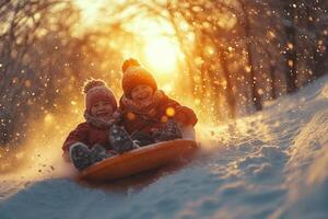Children enjoying a fun winter day sledding down a snowy hill at sunset with sparkling snowflakes all around them photo