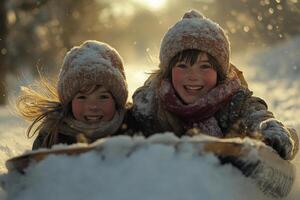 Joyful winter fun as two children sled down a snowy hill, smiling and enjoying the chilly atmosphere while the sun sets in the background photo