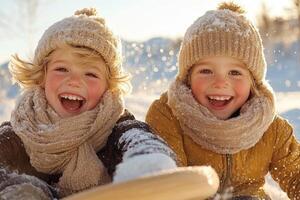 Winter fun with cheerful children sledding in a snowy landscape, enjoying the cold weather and vibrant sunshine photo