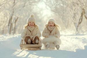 Joyful moments in winter wonderland with children sledding down a snow covered path under trees glistening with frost on a sunny day photo