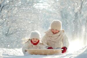 Two children enjoy a fun winter day sledding through a snowy landscape filled with trees as snowflakes fall gently around them photo