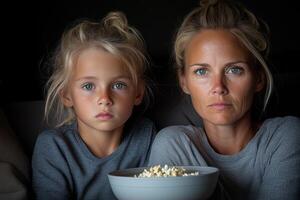 Mother and daughter share a bonding moment while watching a scary movie at home on a cozy evening with popcorn in hand photo