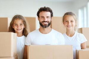 Family enjoys moving day together with smiles and boxes in a bright, new space, capturing a moment of excitement and teamwork photo