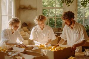 Bakers preparing fresh pastries with locally sourced ingredients in a sunlit bakery filled with warmth and creativity during a vibrant morning in a small town photo