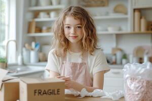 Young girl working on packaging for small business in a cozy kitchen while surrounded by materials and supplies in a bright, inviting atmosphere photo