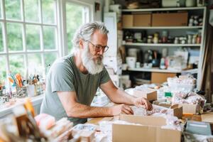 Craftsman organizing handmade products in a cozy workspace in the afternoon light photo