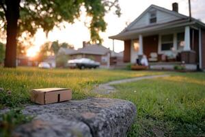 Delivery box placed on a stone pathway in front of a suburban house at sunset with warm light illuminating the scene photo