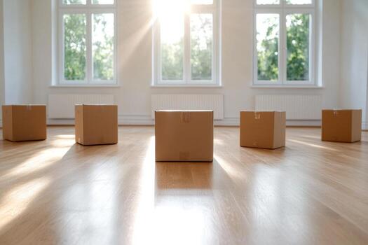 cajas son arreglado en un vacío habitación como Moviente día toma sitio con luz de sol transmisión en mediante grande ventanas foto