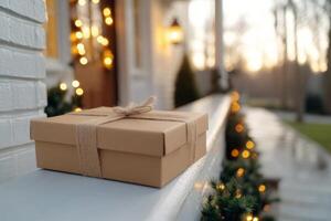 Delivery box placed on a porch railing adorned with holiday lights in the late afternoon light, signifying the arrival of a special package during the festive season photo