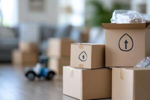 Cardboard boxes piled in an empty room representing a recent move to a new place with soft natural light filtering through the windows photo