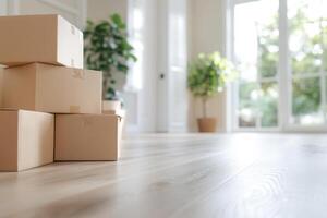 Moving boxes arranged in a bright empty room with large windows showcasing outdoor greenery and natural light during daytime hours photo