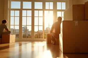 Preparing for a new beginning while sitting on cardboard boxes as sunlight floods a spacious, bright room in the evening before moving day photo