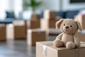 Packed boxes fill a room with a stuffed toy sitting atop one box, creating a nostalgic atmosphere of moving and change in a cozy living space photo
