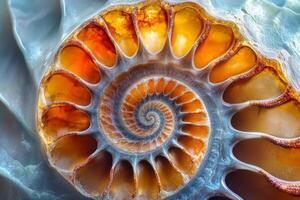 Detailed view of a half side macro photograph of an ammonite showcasing intricate patterns and vibrant colors captured in a natural setting photo