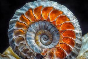 Exploration of the intricate structure of a half side ammonite showcasing vivid colors and patterns found in marine fossils photo