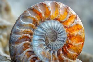 Exploration of ammonite macro half side revealing intricate patterns and vivid colors in a stunning natural fossil formation photo
