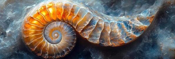 Ammonite stone banner showcasing the intricate and colorful spiral patterns of the fossilized shell, highlighting natural beauty and geological history found in ancient marine environments photo