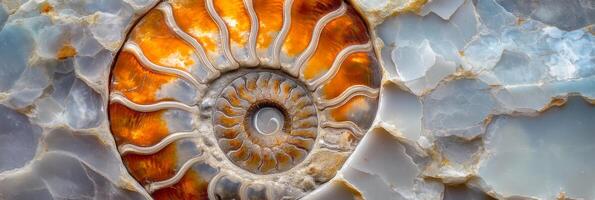 Stunning ammonite stone showcases intricate natural patterns and vibrant colors, a testament to the beauty of ancient marine life, perfect for decorative purposes or geological study photo