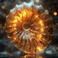 Ammonite closeup revealing intricate shell patterns and luminous texture under soft lighting photo