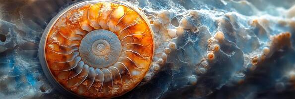 Ammonite stone banner showcasing intricate fossil patterns in rich colors photo