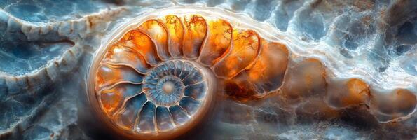 Ammonite stone banner showcasing intricate details of ancient marine life, featuring swirling patterns captured in a close up view that highlights the beauty of fossilization and mineral formations photo