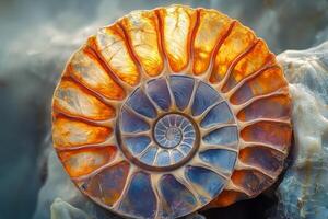 Detailed view of an ammonite macro half showcasing intricate patterns and vibrant colors, possibly set against a contrasting rocky background to highlight its natural beauty and fossilized structure photo
