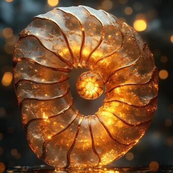Closeup of an ammonite showcasing intricate details and glimmering textures under warm lighting photo