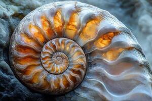 Exquisite half side view of an ammonite showcasing intricate patterns and rich colors discovered at a paleontological site under natural light photo