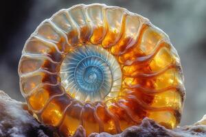 Exploring the intricate patterns and vibrant colors of a macro view of a polished ammonite fossil, showcasing its unique helical form and internal structure, found in sedimentary rock formations photo