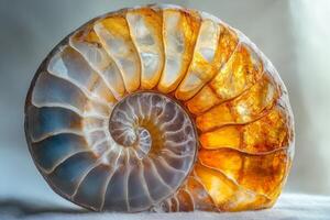 Half side view of an ammonite macro showing intricate details and rich colors with light shining through, highlighting the natural beauty of this ancient marine fossil photo