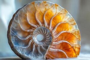 Macroscopic view of a half side of an ammonite fossil showcasing intricate shell patterns and vibrant colors in a natural setting photo