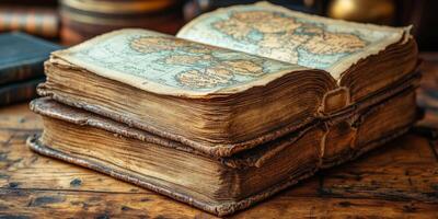 Ancient books with detailed maps showcasing geographical knowledge of a past era, resting on a rustic wooden table photo