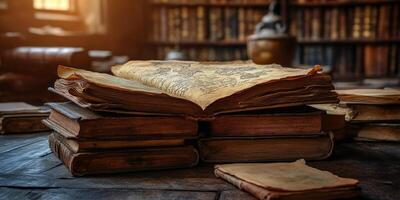 Ancient books resting on a wooden table in a dimly lit library, showcasing faded pages and rich history of knowledge and stories photo