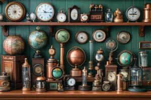 Collection of antique weather instruments displayed in a vintage setting showcasing various styles from different eras with globes, clocks, and barometers elegantly arranged on shelves photo