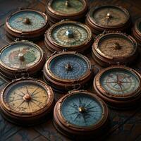 Collection of vintage compasses on a rustic wooden table showcasing intricate designs and weather details, capturing the essence of exploration and navigation from a bygone era photo