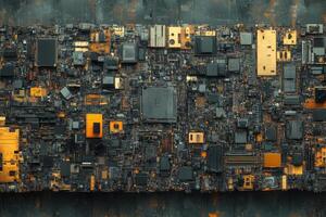 Microchips and circuit board components intricately arranged in a colorful pattern showcasing advanced technology and intricate design in a modern setting photo