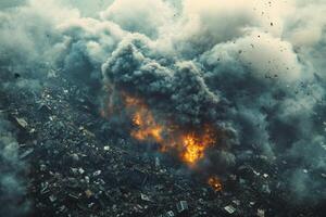 Depiction of a devastating electronic world collapse with massive flames and dark smoke billowing over a destroyed urban landscape during an apocalyptic event photo
