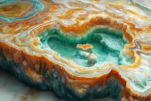 Mineral closeup reveals intricate patterns and textures showcasing vibrant hues of orange, green, and white, emphasizing the natural beauty of geological formations found in earths crust photo