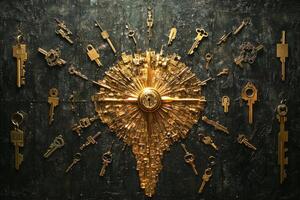 Collection of vintage keyhole keys arranged artistically on a textured dark background showcasing their intricate designs and historic craftsmanship with a captivating golden shine photo