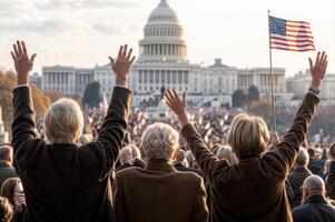 Crowd celebrates at inauguration near iconic Capitol building with American flags waving in the early light. Raised hands photo
