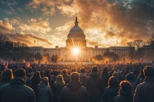 Celebration of inauguration at dawn with a stunning sunrise illuminating the building and a large crowd gathering in anticipation of the event photo