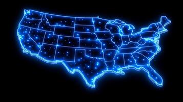 Neon light representation of the United States map showcasing vibrant state outlines and cities illuminated in blue against a dark background photo