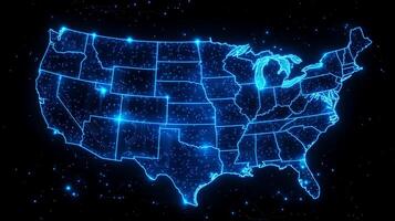 Neon light representation of the United States map showcasing the outlines of states illuminated in a vibrant glow against a dark background photo
