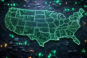 Neon light depiction of the United States highlighting major cities and regions with vibrant green circuitry detail, showcasing innovation and technology in a dynamic format photo