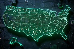 Neon light map of the United States illustrating interconnected digital cities and hubs across the country showing vibrant technology and connectivity photo