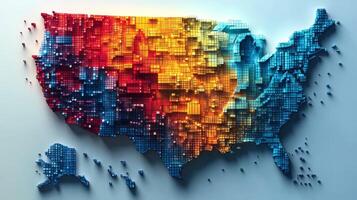Pixel art representation of the USA map showcasing vibrant colors and unique design elements inspired by digital art techniques and contemporary graphic trends photo