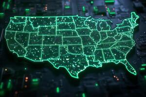 Neon illuminated map of United States showcasing high tech digital connectivity and urban concentration across the country photo