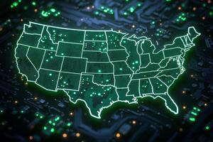 Neon light map of United States showcasing connected digital networks in a vibrant design illuminated against a dark circuit board background photo